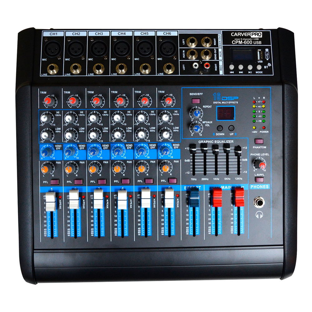 CONSOLA POWER MIXER 6CH BT-MP3 + USB CPM-600 CARVERPRO.  