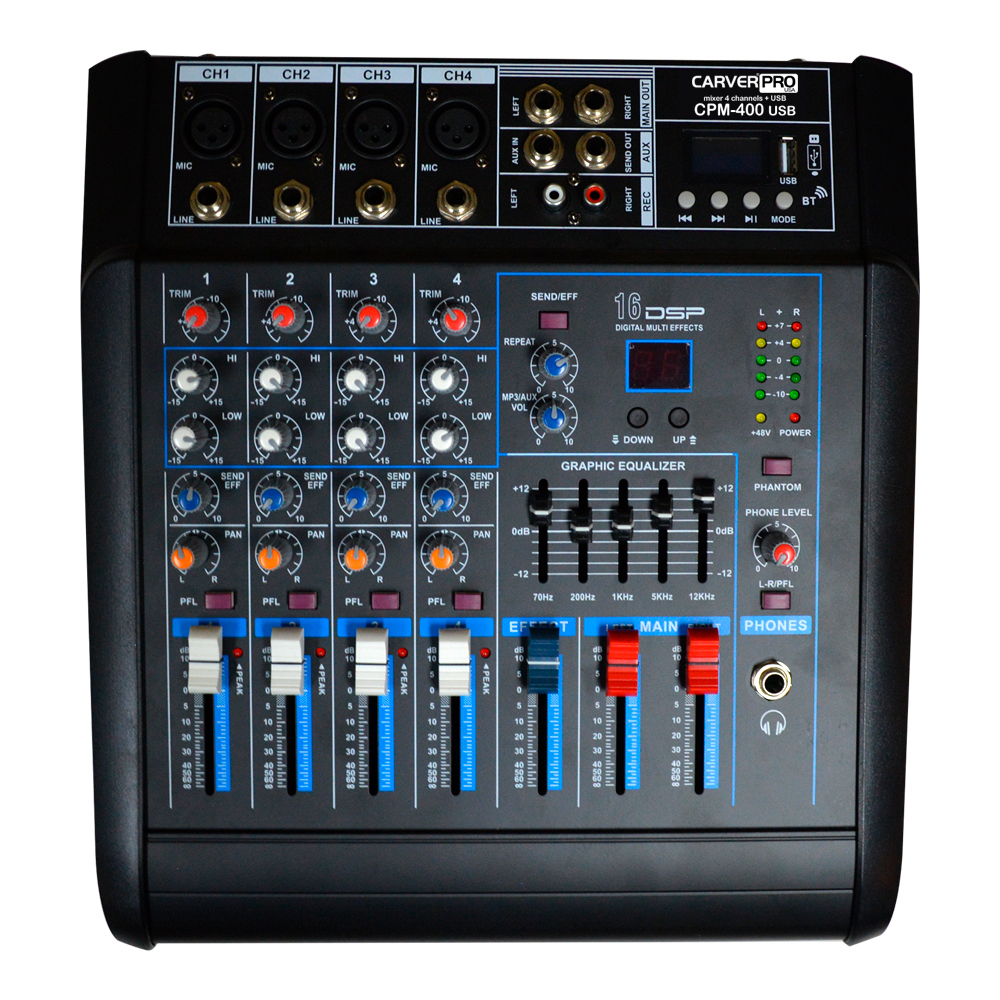 CONSOLA POWER MIXER 4CH BT-MP3 +USB CPM-400 CARVERPRO