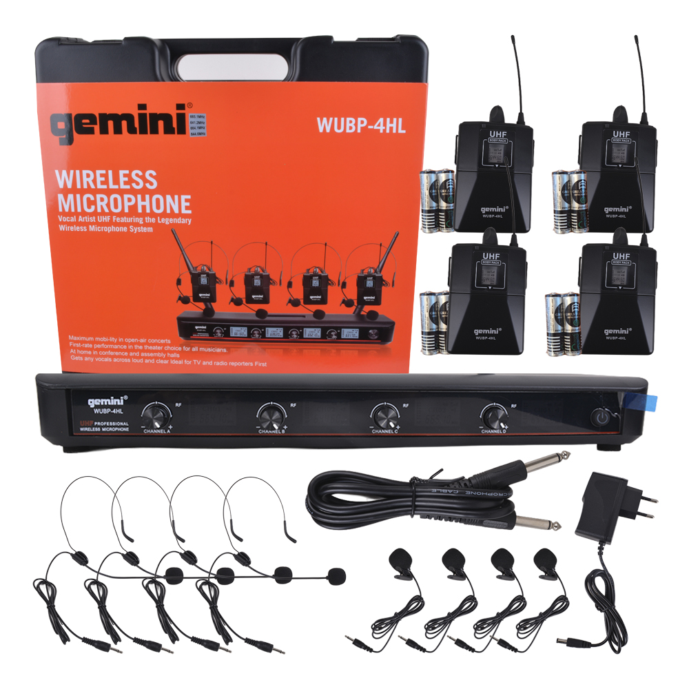 SET 4 MICROFONOS INALAMBRICOS UHF HEAD/LAV GEMINI WUBP-4HL